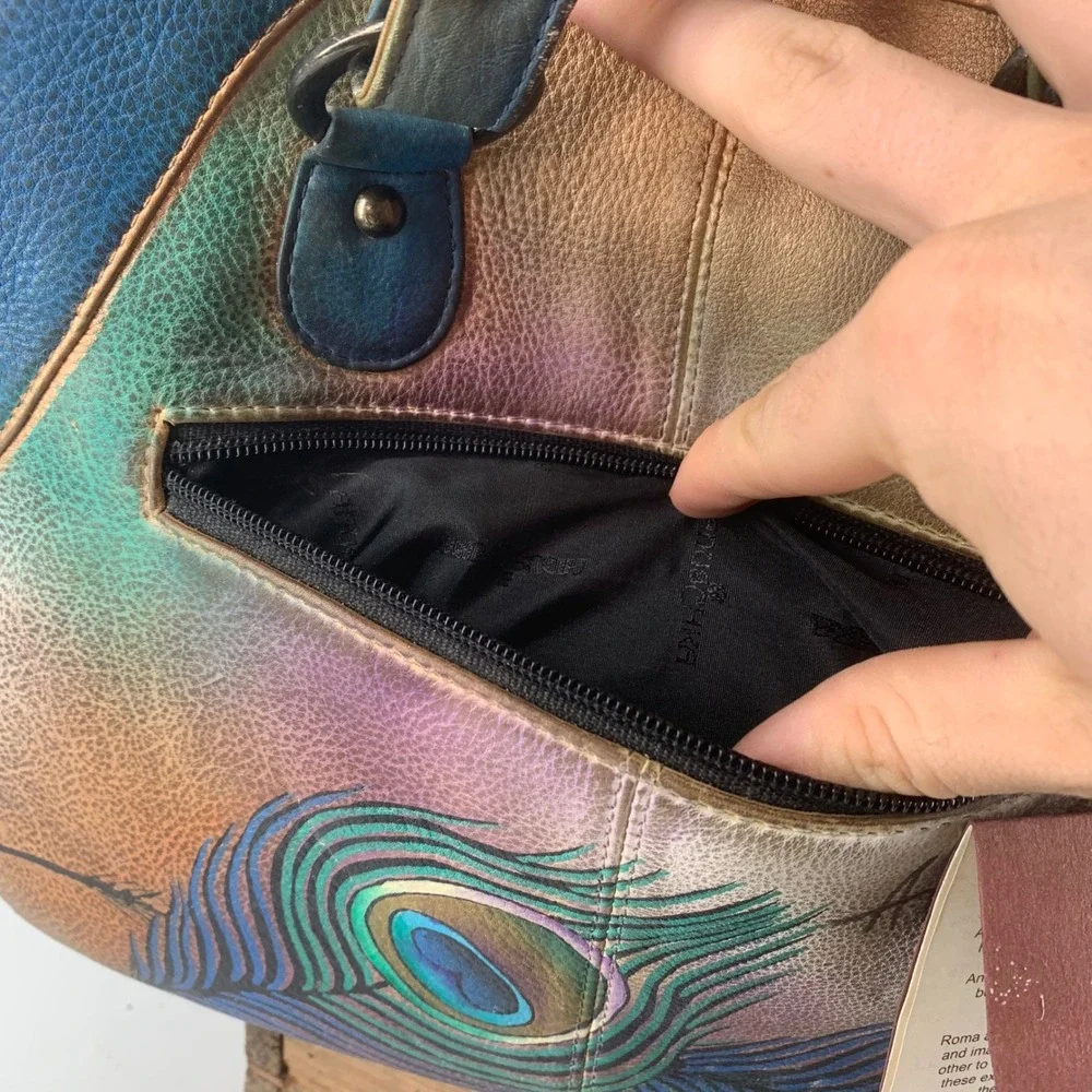 Anuschka Hand Painted Leather Peacock Satchel Bag Blue Bronze Floral Studded NWT